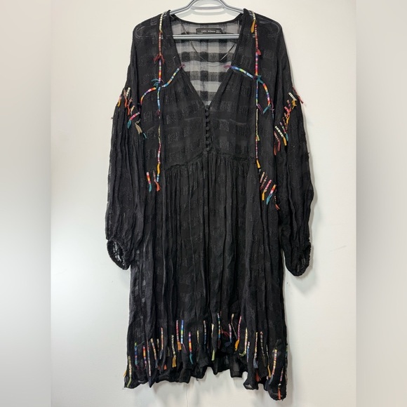 Zara Black Bohemian Sheer Midi Dress size L - Picture 3 of 12